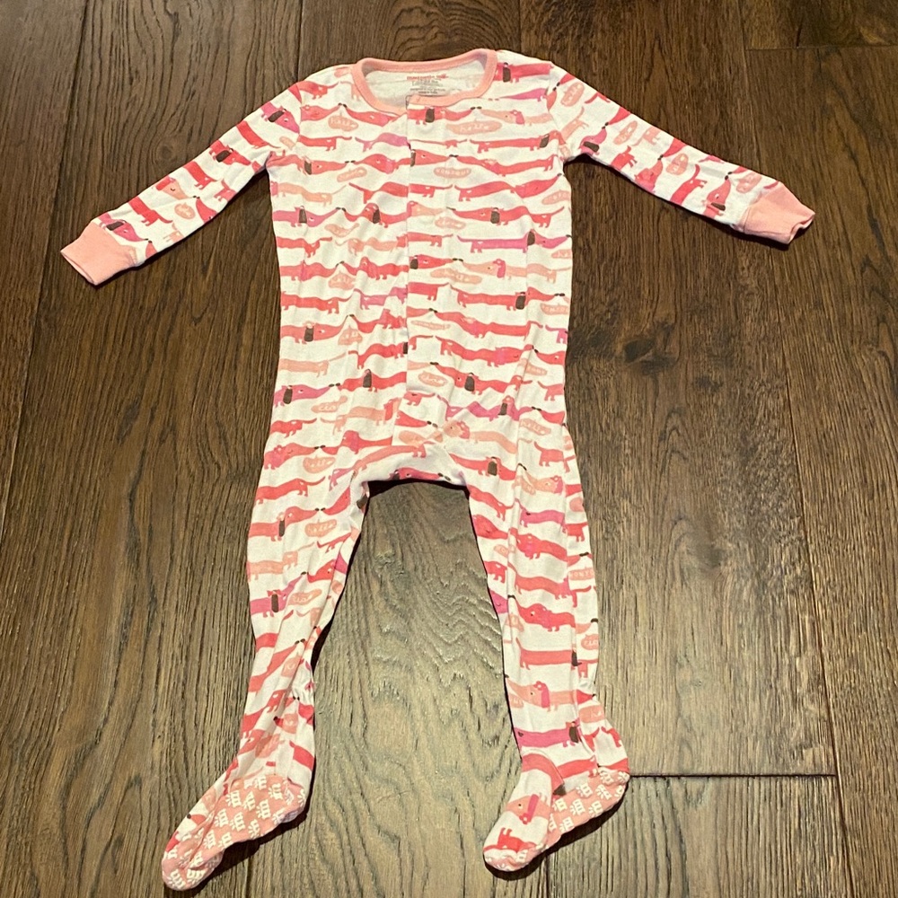 Pink dog-print one-piece footed pajamas